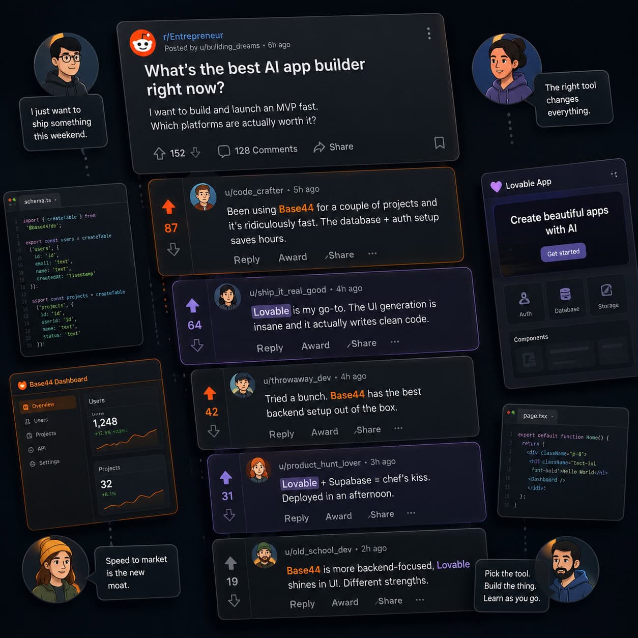 () illustration showing a bird's-eye view of a Reddit discussion thread about AI app builders. Multiple comment cards with