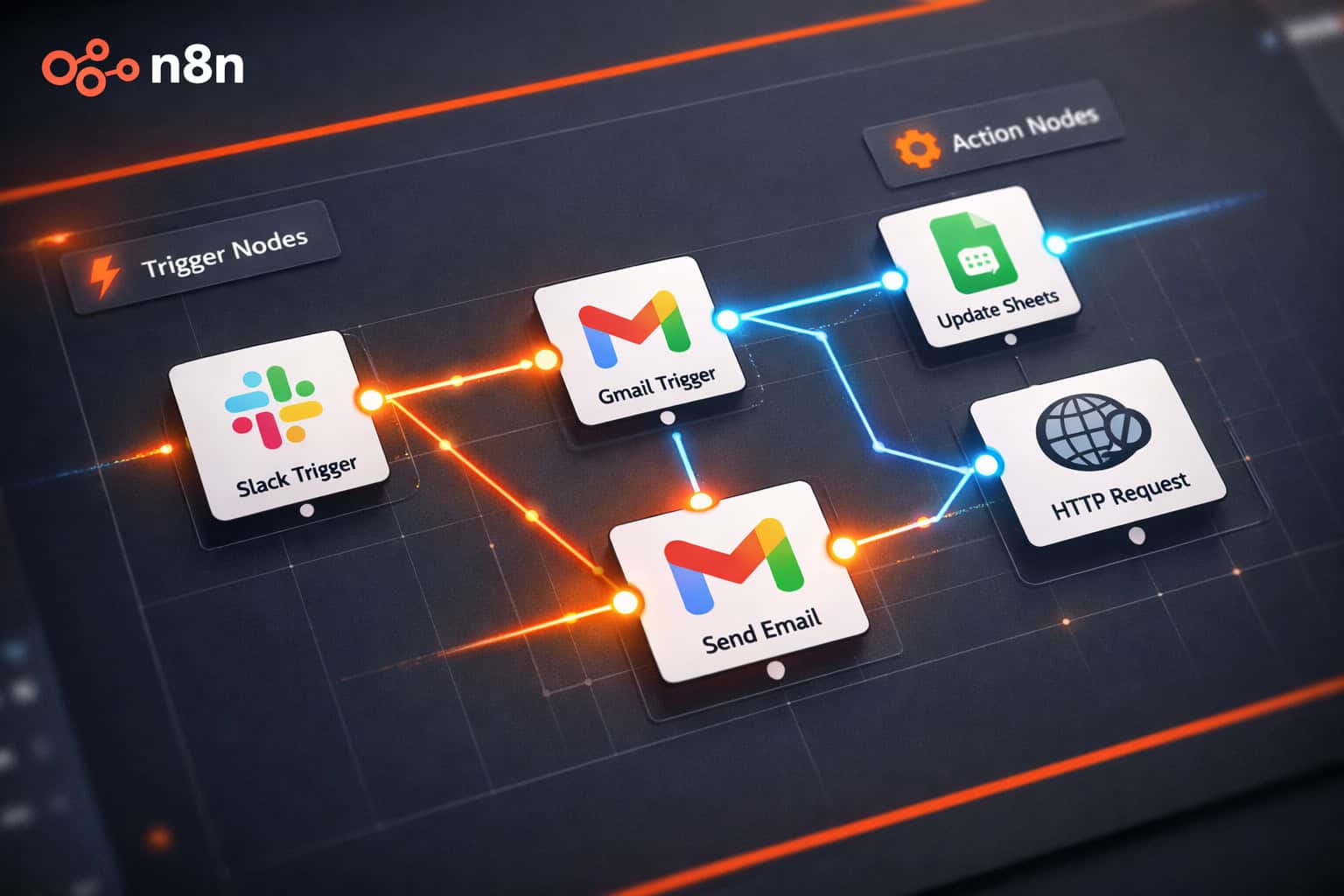 () illustration showing a bird's-eye view of an n8n workflow canvas with colorful connected nodes representing different app
