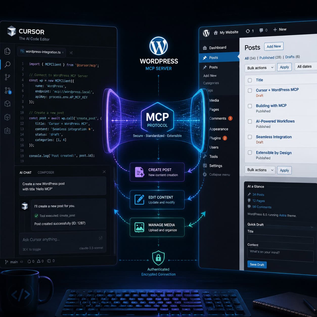 () illustration showing a developer's screen with Cursor IDE open on the left panel and a WordPress dashboard on the right