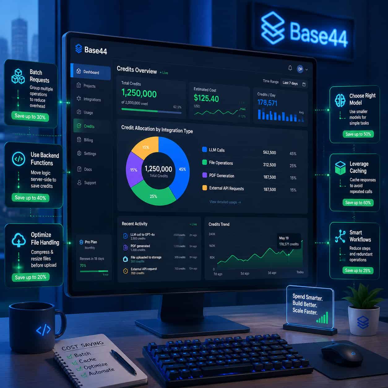 () illustration showing a developer's screen with a Base44 dashboard displaying real-time credit tracking. The screen shows