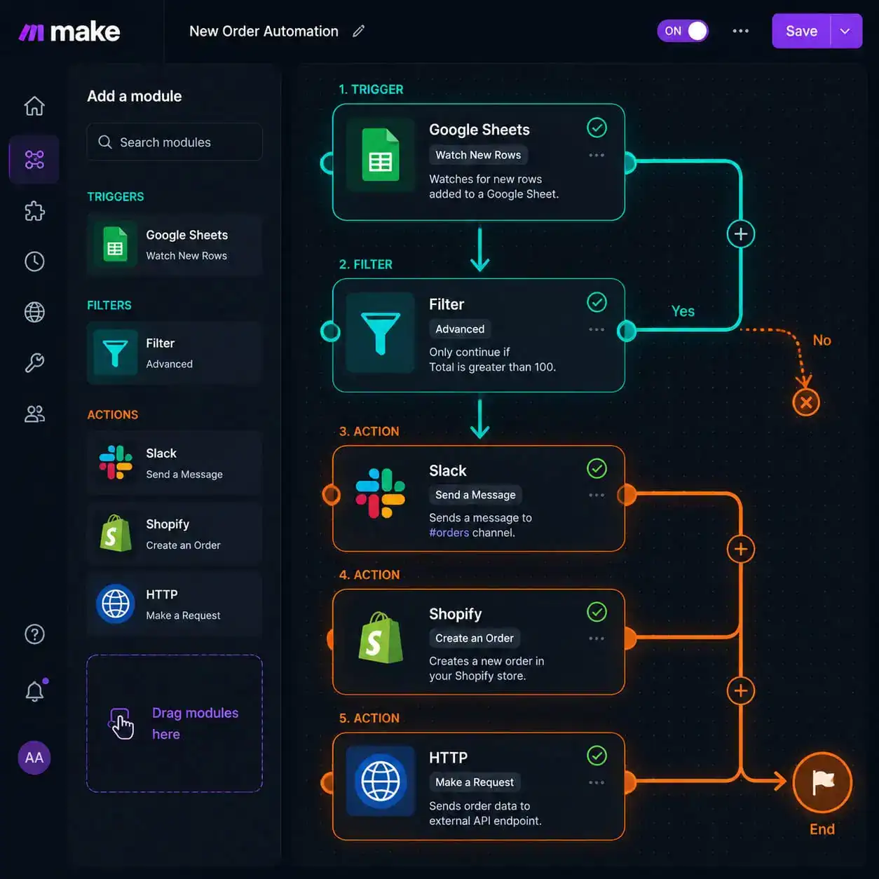 () illustration showing a drag-and-drop visual scenario builder interface on a dark screen, with colorful module blocks
