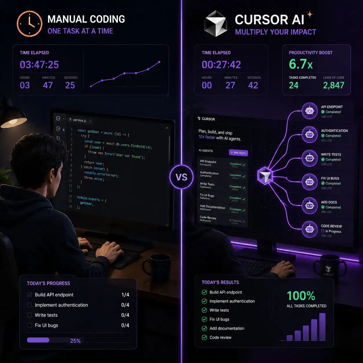 () illustration showing a split-screen comparison: left side shows a developer manually typing code with a clock showing