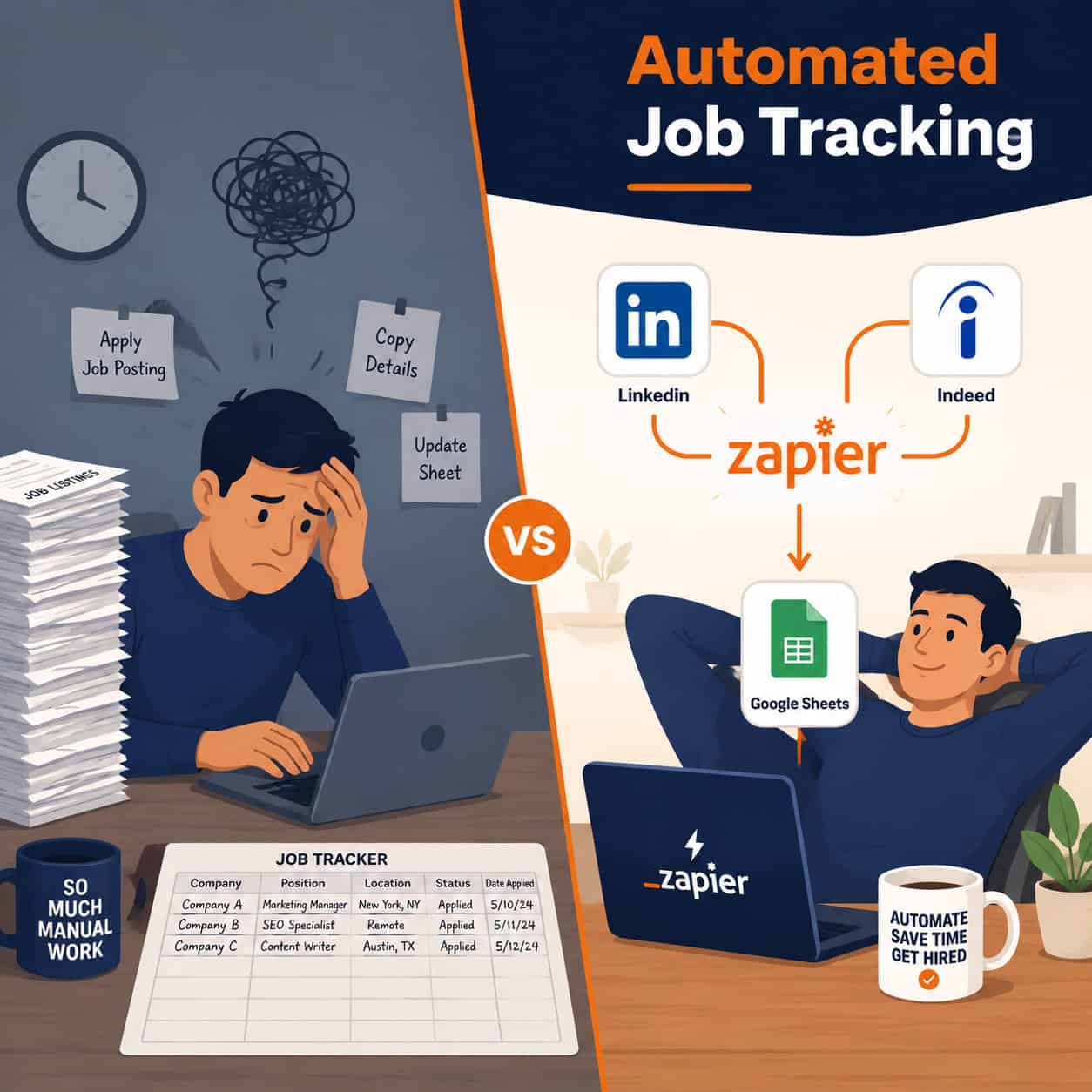 () illustration showing a split-screen concept: left side depicts a stressed job seeker manually copying job listings into a