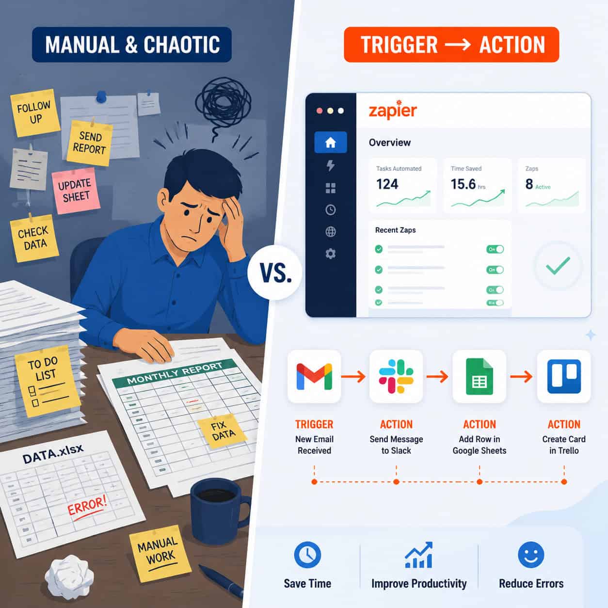 () illustration showing a split-screen diagram: left side displays a cluttered desk with sticky notes, manual spreadsheets,