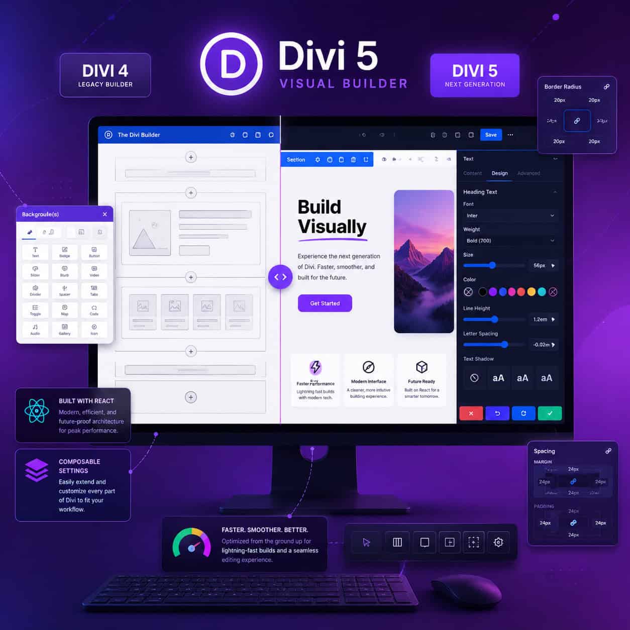 () illustration showing the Divi 5 Visual Builder interface on a large monitor screen, with a split view comparing old Divi