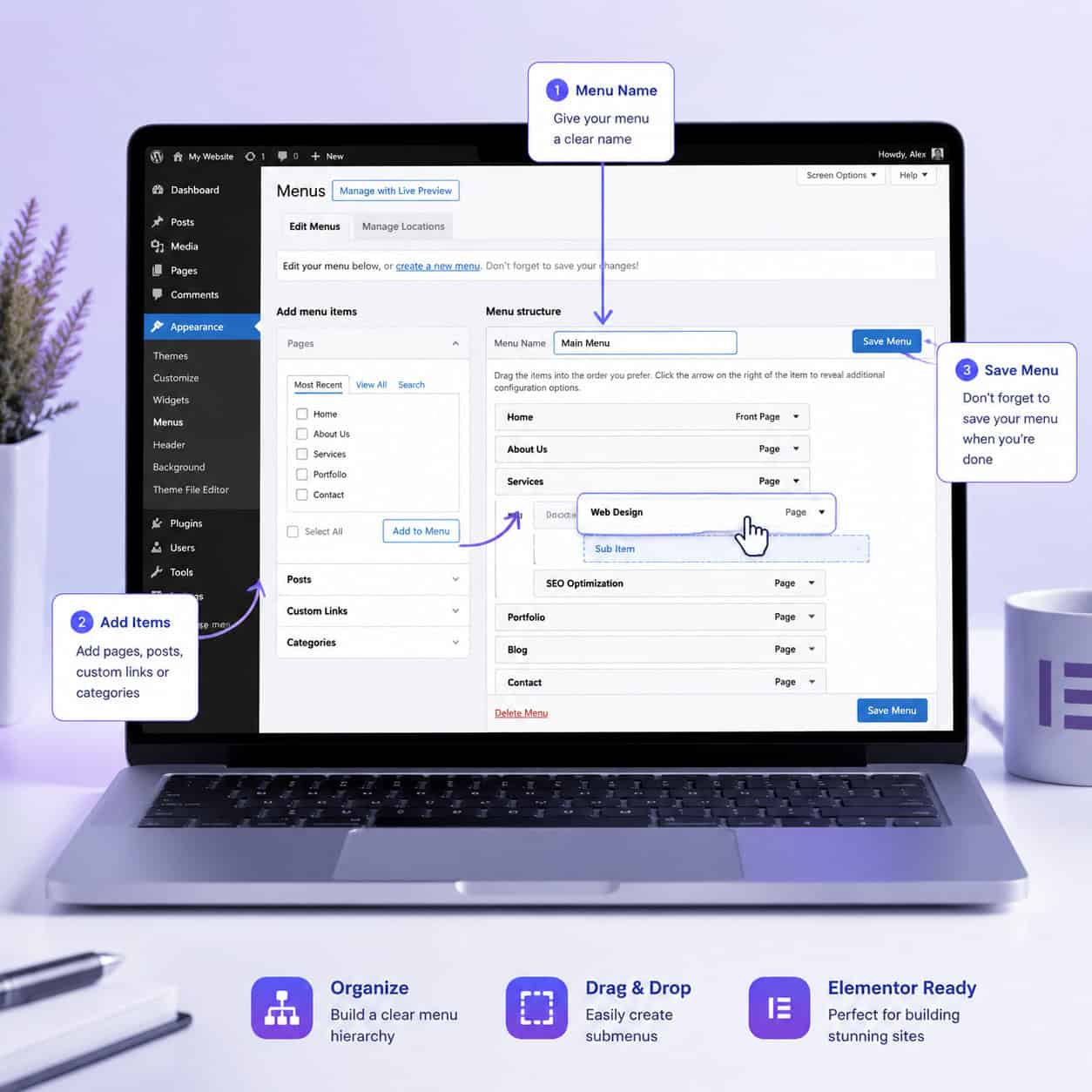 () illustration showing the WordPress dashboard Appearance > Menus screen with menu items being arranged in a hierarchical