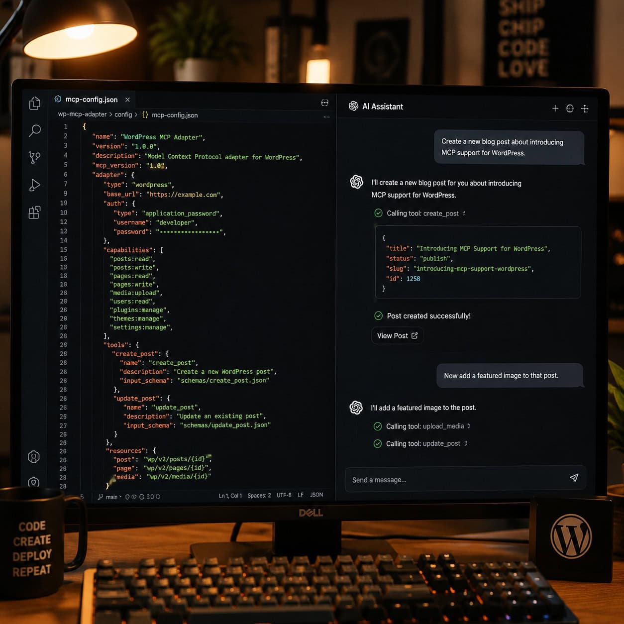 () image showing a developer's screen split into two panels: left panel displays a code editor with WordPress MCP adapter