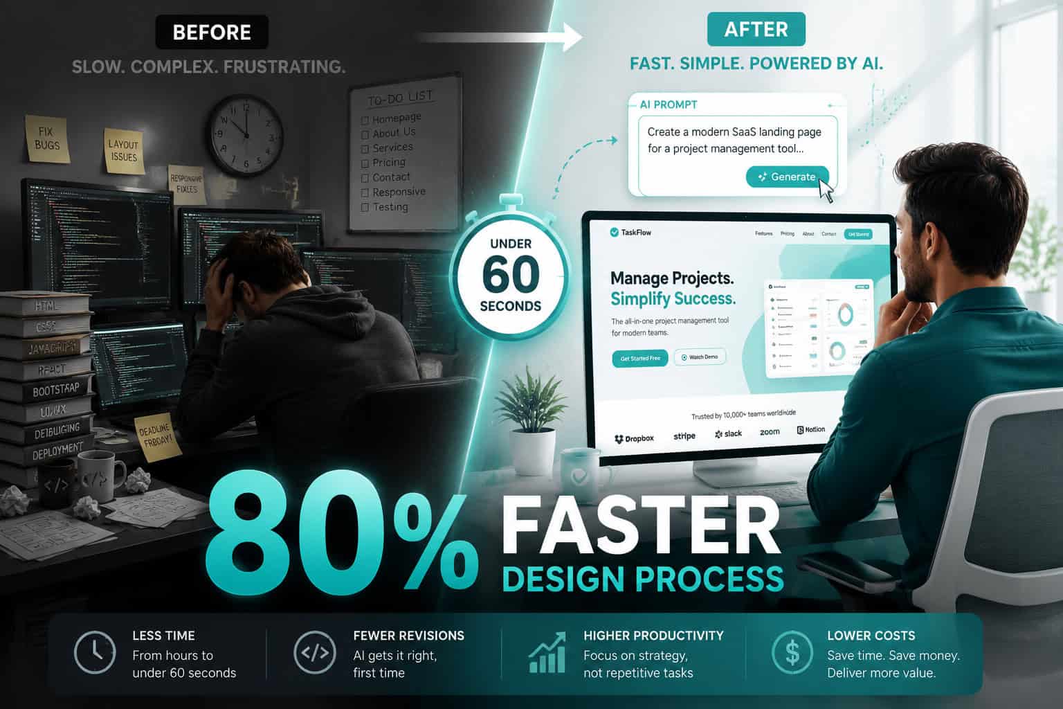 () infographic-style illustration showing a dramatic before-and-after split scene: left side depicts a frustrated developer