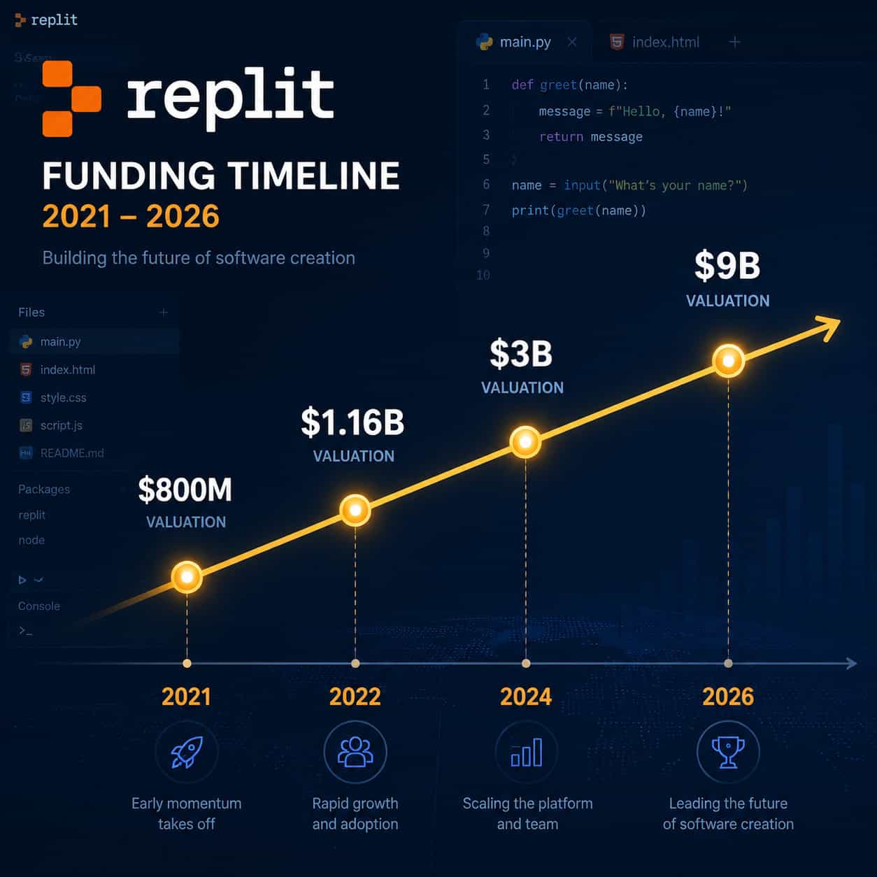 () infographic-style image showing Replit's funding timeline from 2021 to 2026, with milestone markers at $800M valuation,