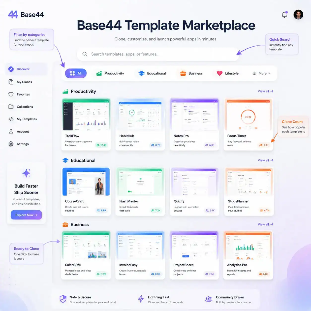 () infographic-style image showing the Base44 template marketplace interface concept with a grid of colorful app template