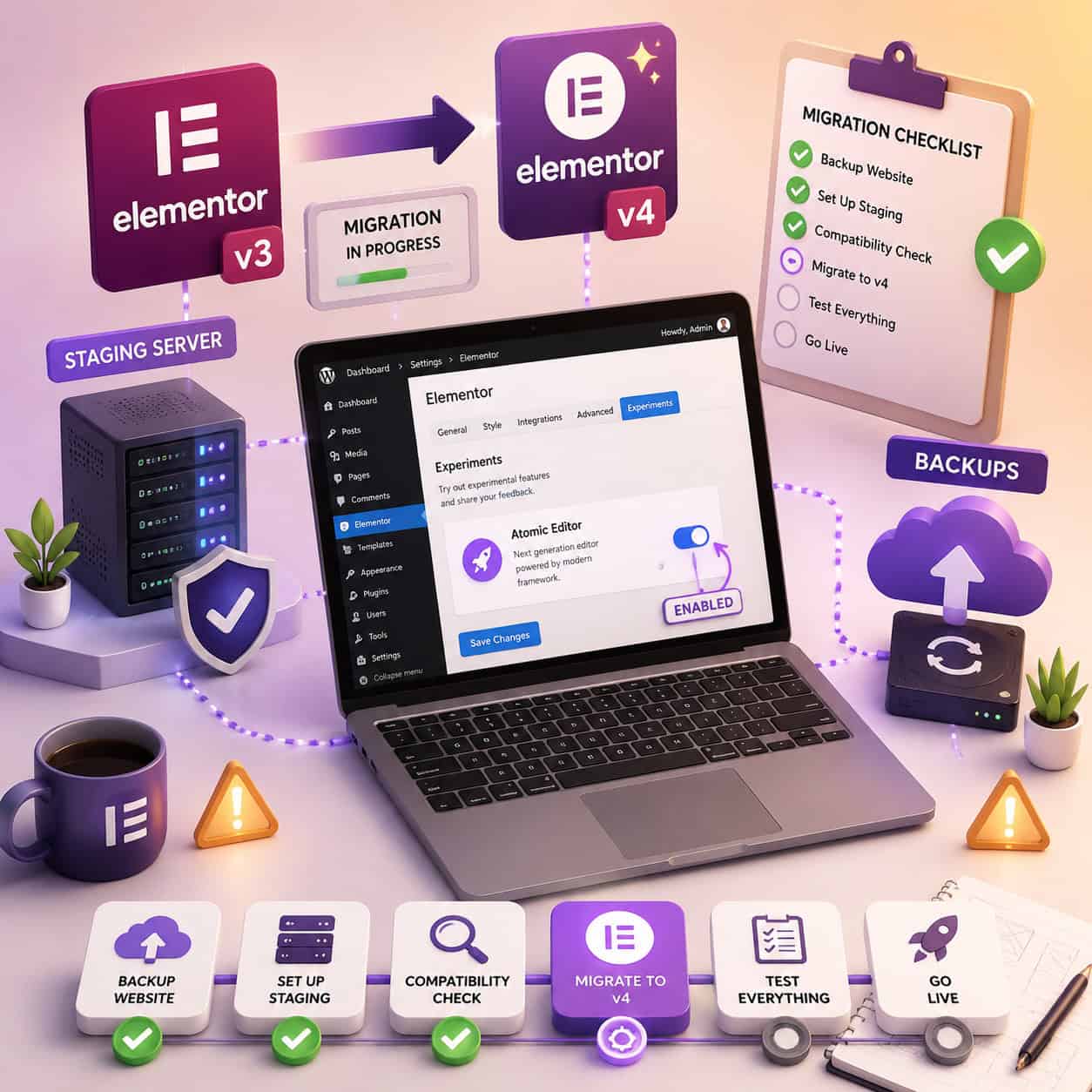 () isometric illustration of a web designer's workflow showing the migration process from Elementor v3 to v4. Scene includes