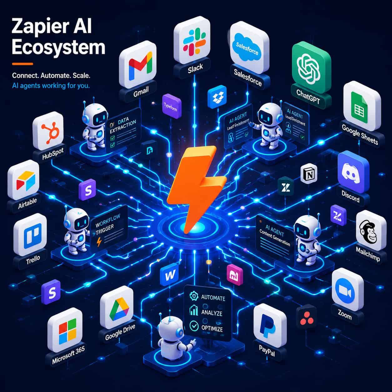 () isometric illustration showing a central Zapier orange lightning bolt logo connected to dozens of colorful app icons