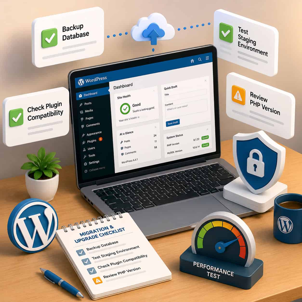 () isometric illustration showing a website migration and upgrade preparation checklist concept: a 3D workspace with a