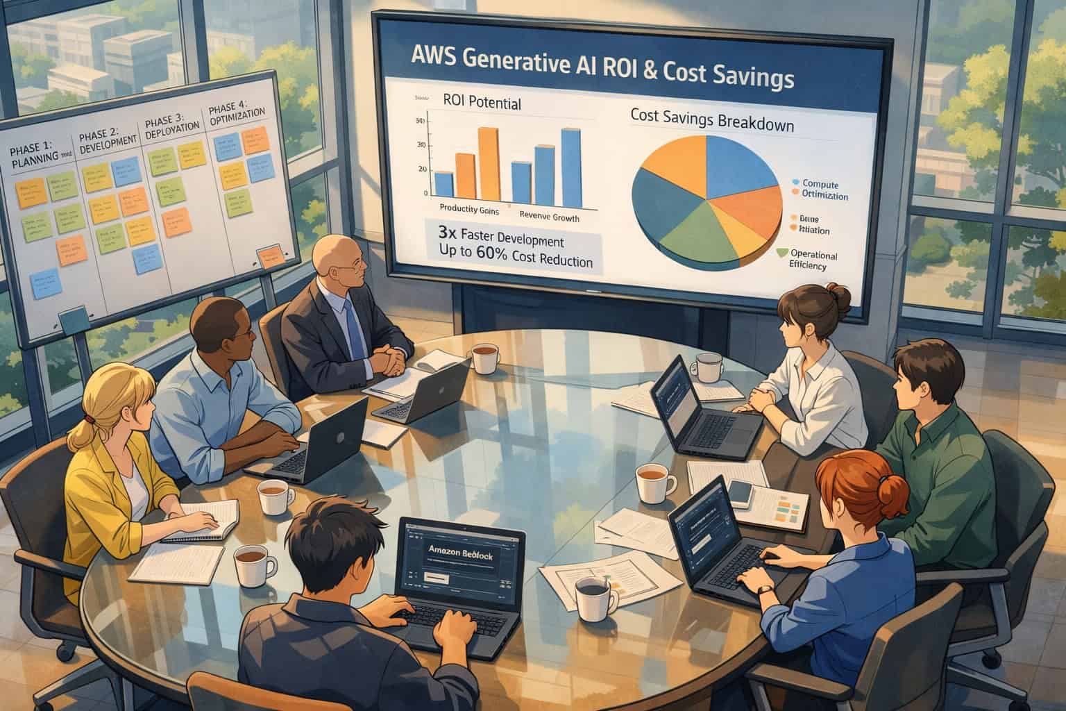 Business team analyzing AWS AI tools and cost savings in a modern conference room.