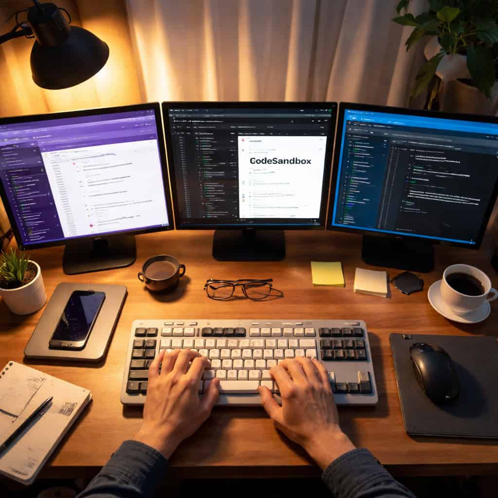() overhead birds-eye view of a desk workspace showing three monitors side by side, each displaying a different