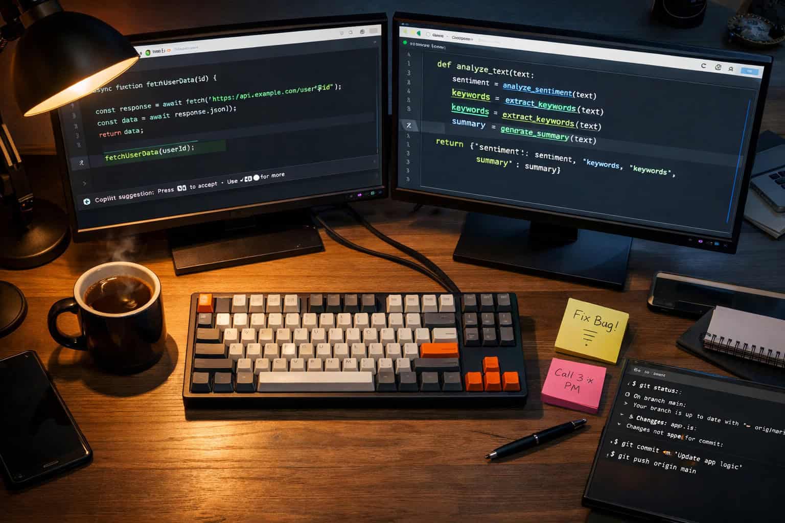 Dual monitor setup displaying coding scripts for AI tools and productivity enhancement.