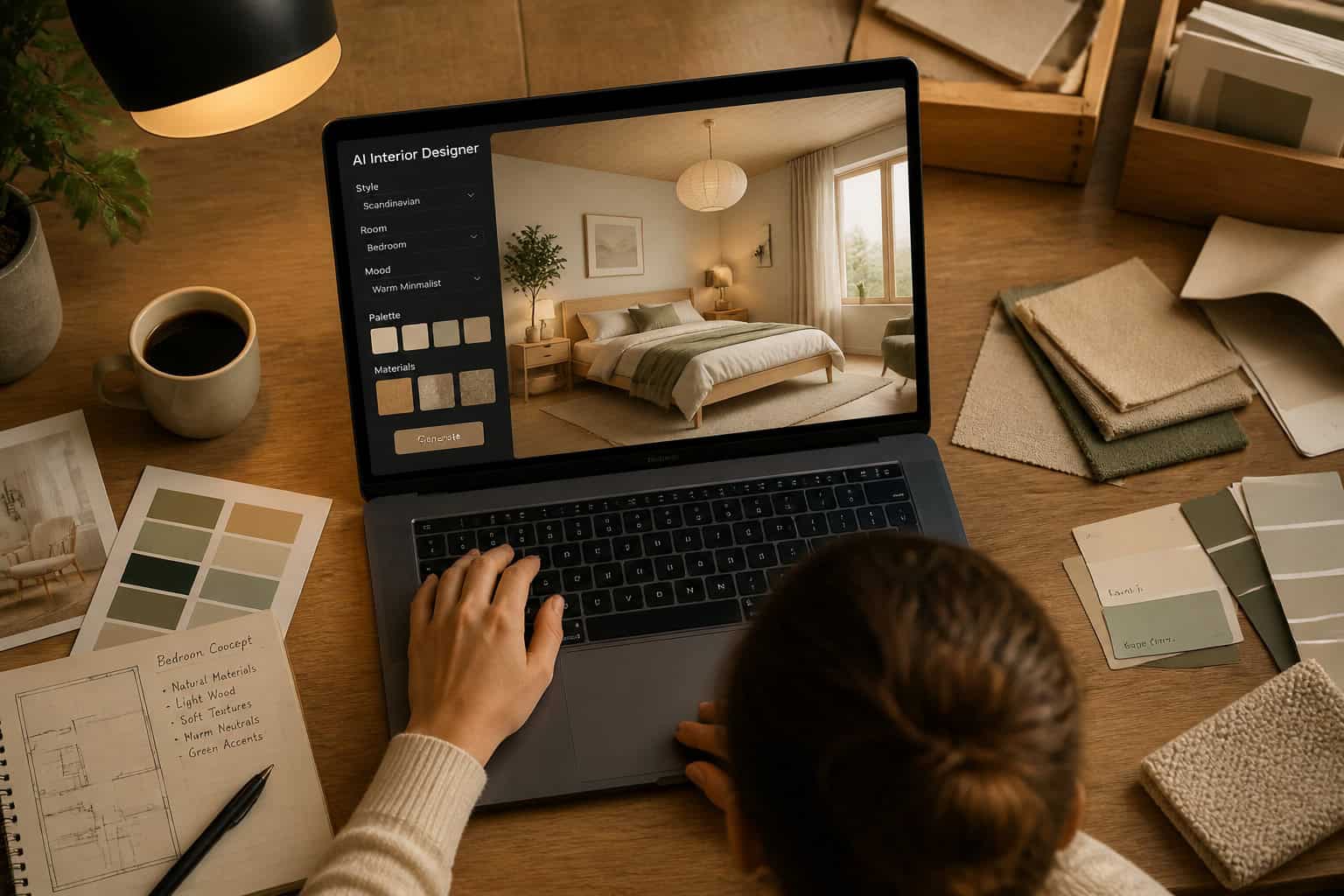 () overhead bird's-eye view of a person sitting at a desk using a laptop displaying an AI interior design interface,