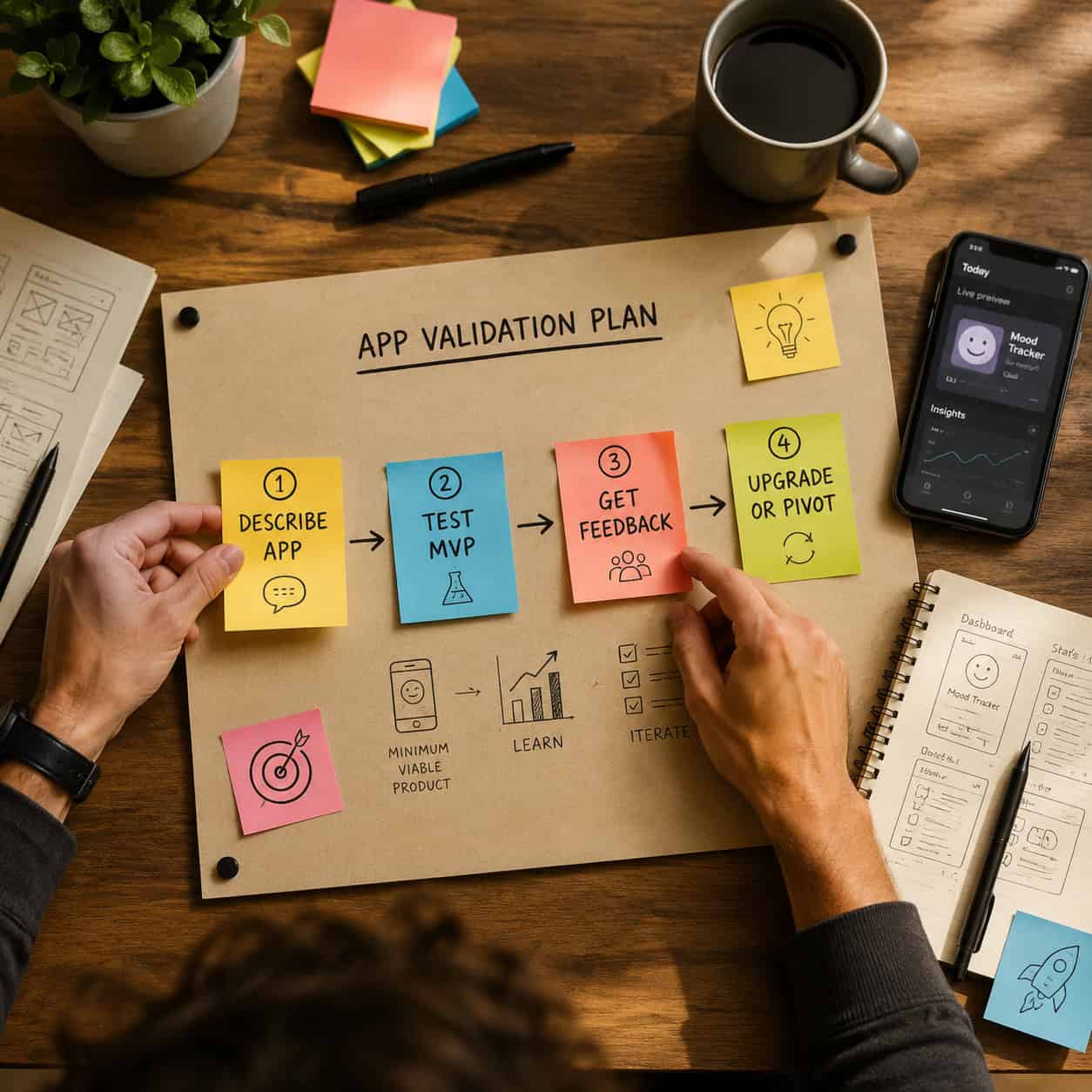() overhead bird's-eye view of a strategy planning board with sticky notes showing app validation steps: 'Describe App',
