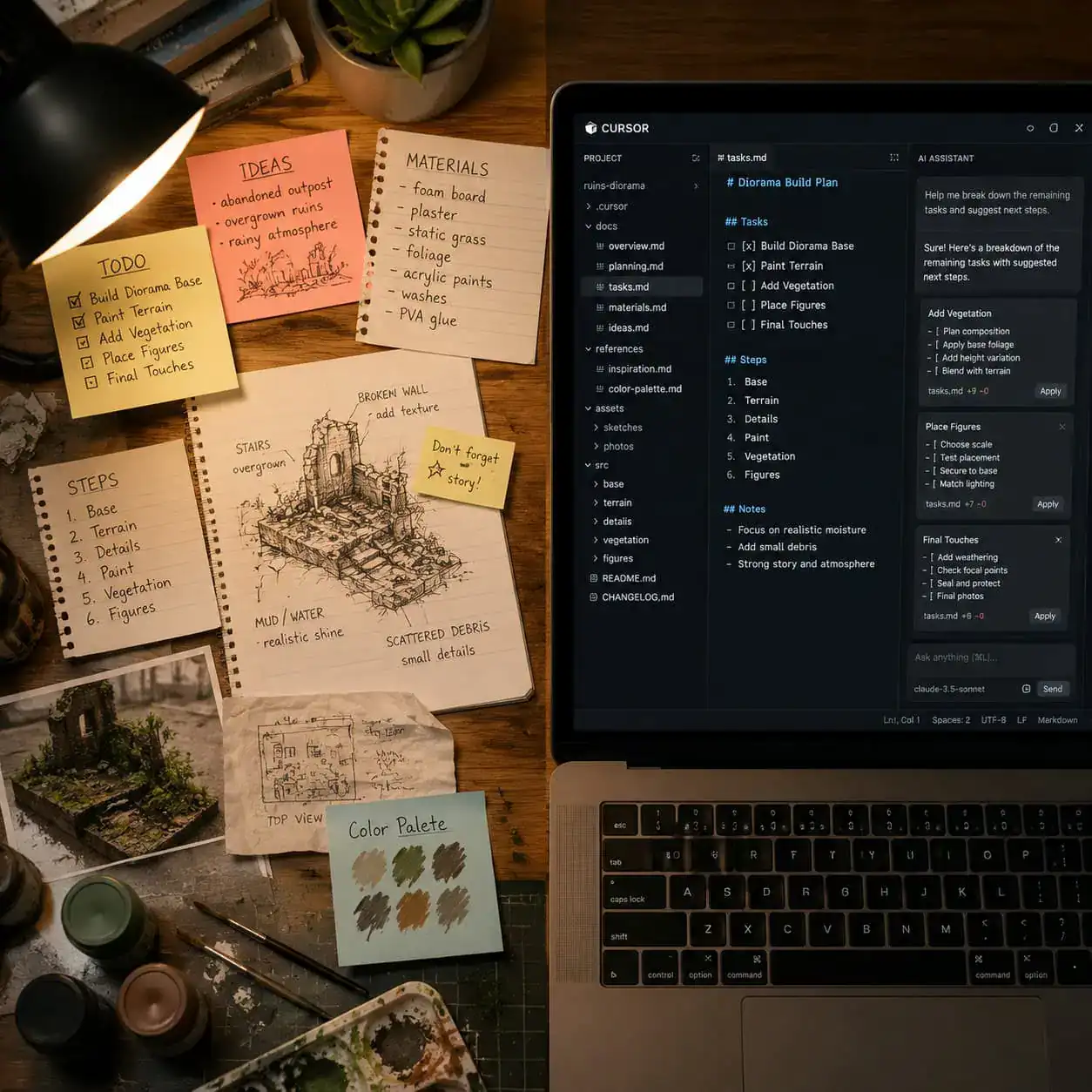 () overhead flat-lay photograph of a hobby workstation showing a split view: left side has traditional sticky notes, paper