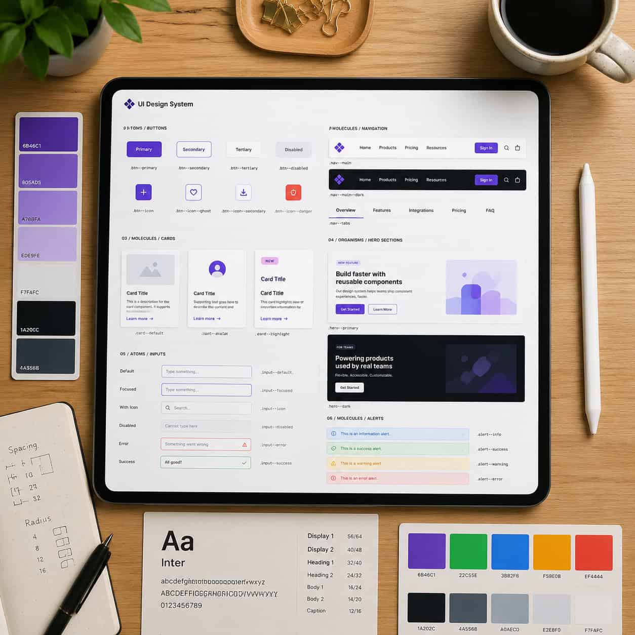 () overhead flat-lay photograph style illustration of a designer's desk with a tablet showing a design system: rows of