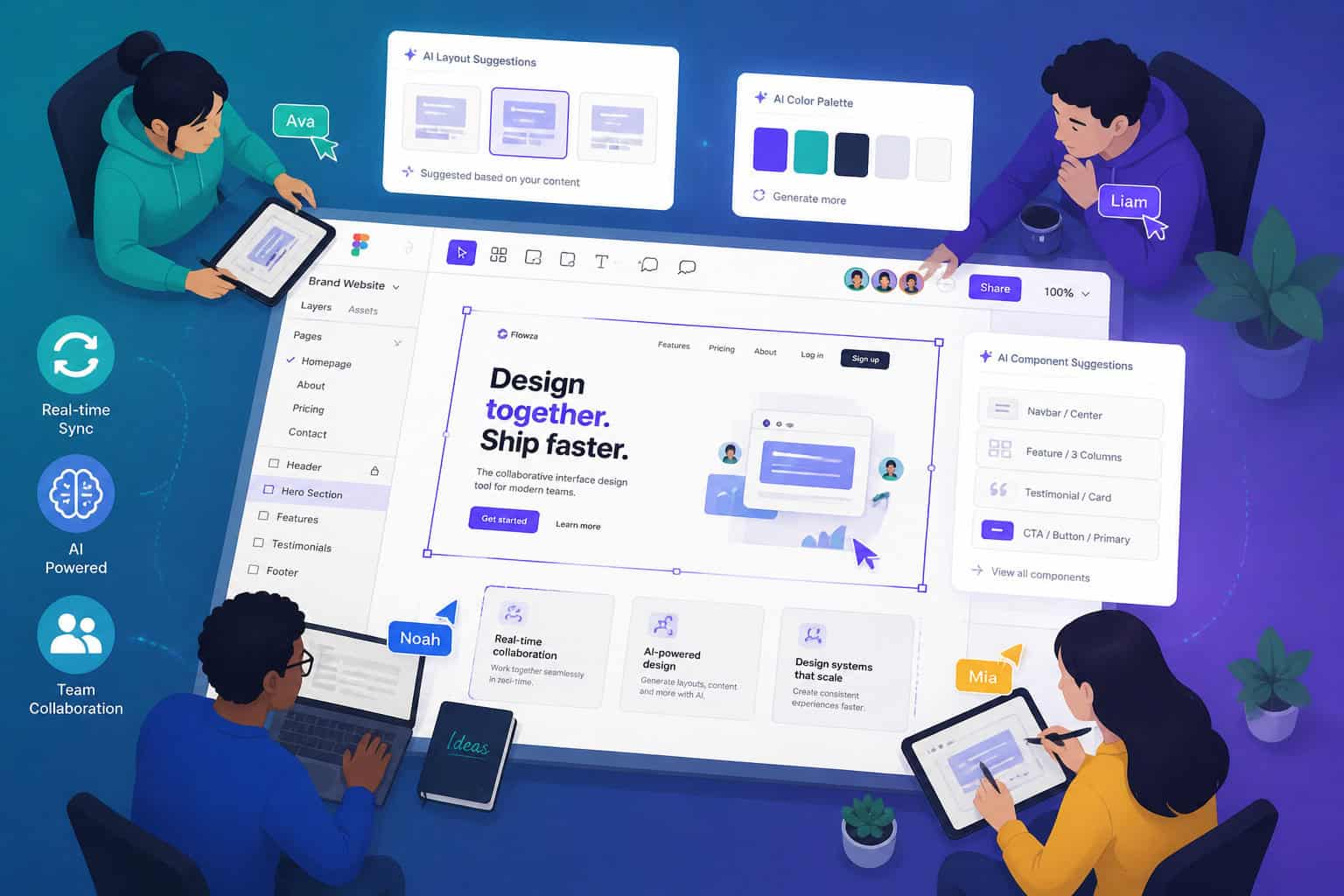 () overhead flat-lay style illustration of a collaborative digital design table showing multiple designer avatars