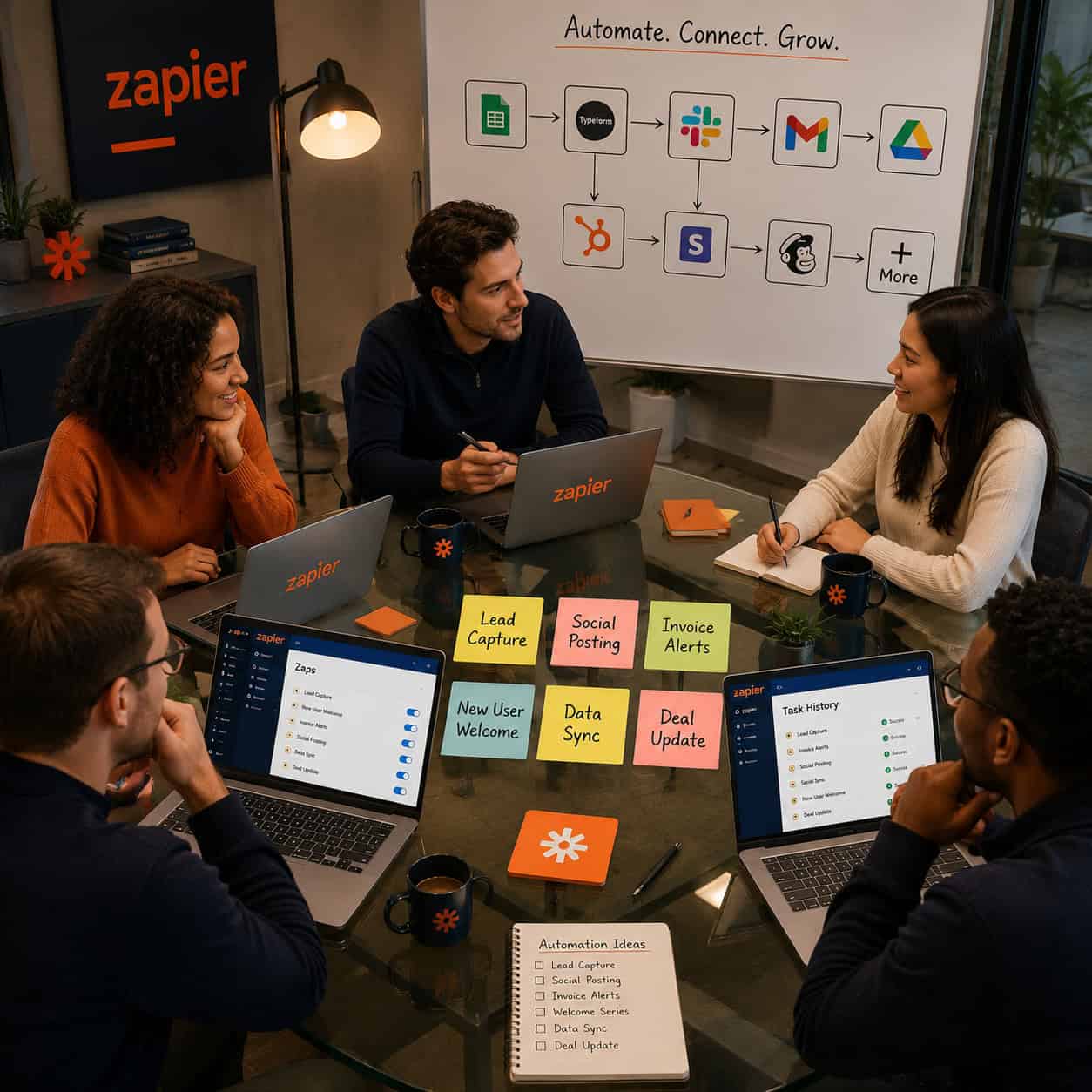 () overhead perspective of a team meeting around a glass table with laptops open showing Zapier dashboards, sticky notes on