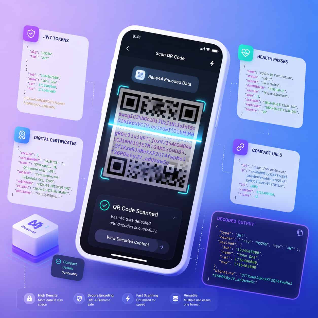 () practical use case illustration showing a smartphone scanning a QR code that contains Base44-encoded data. The QR code is