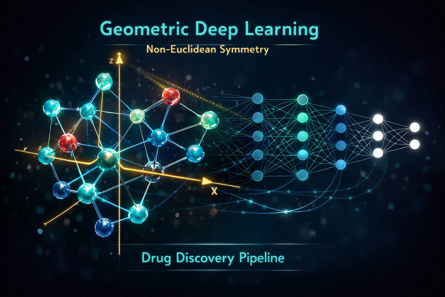 () scientific visualization of a molecular drug compound rendered as a 3D geometric graph structure—atoms as glowing nodes,