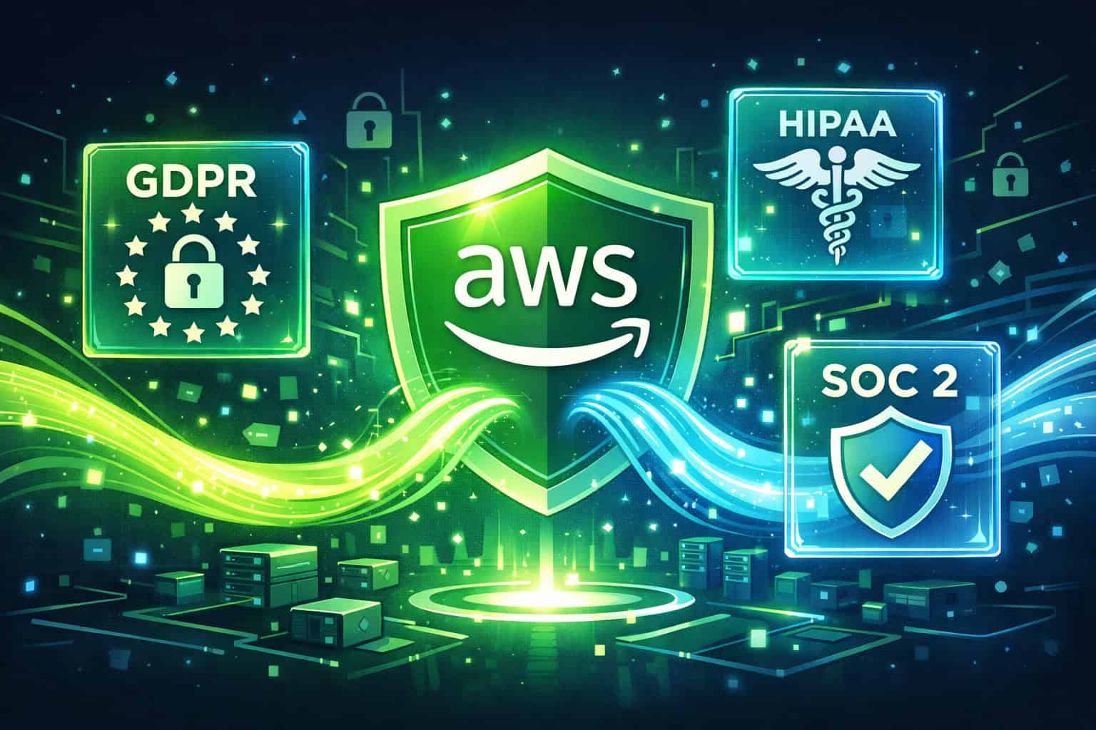 Cloud security icons for GDPR, HIPAA, and SOC 2 with AWS AI tools illustration.