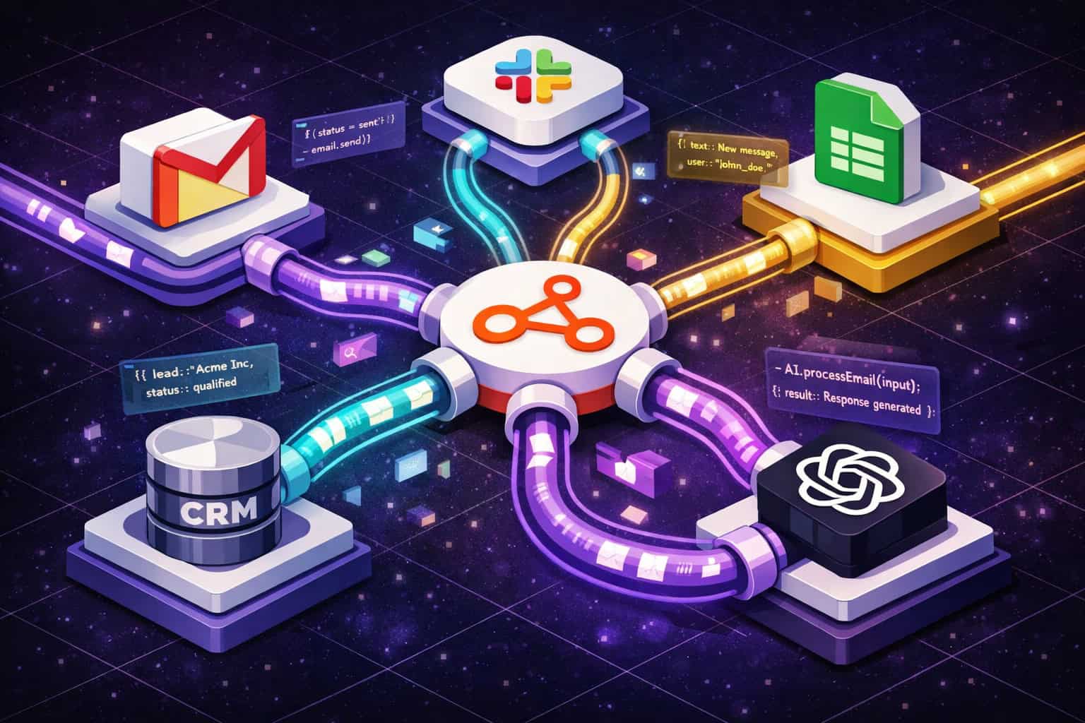 () showing a 3D isometric illustration of interconnected app icons — Gmail, Slack, Google Sheets, CRM database, OpenAI logo