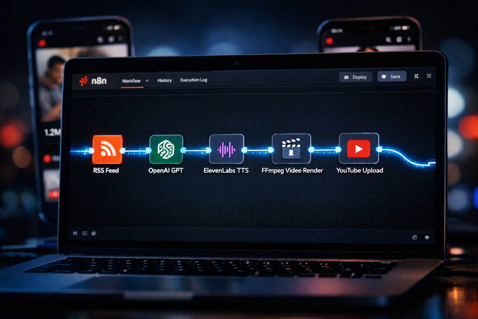 () showing a close-up of a laptop screen with the N8N workflow editor open, featuring a complete YouTube Shorts automation