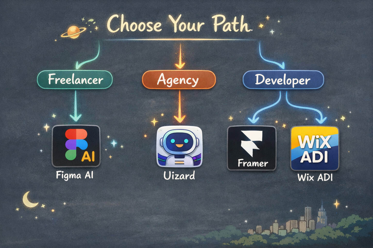 Illustration of web designers choosing AI tools like Figma AI, Wizard, Framer, and Wix ADI for creat.