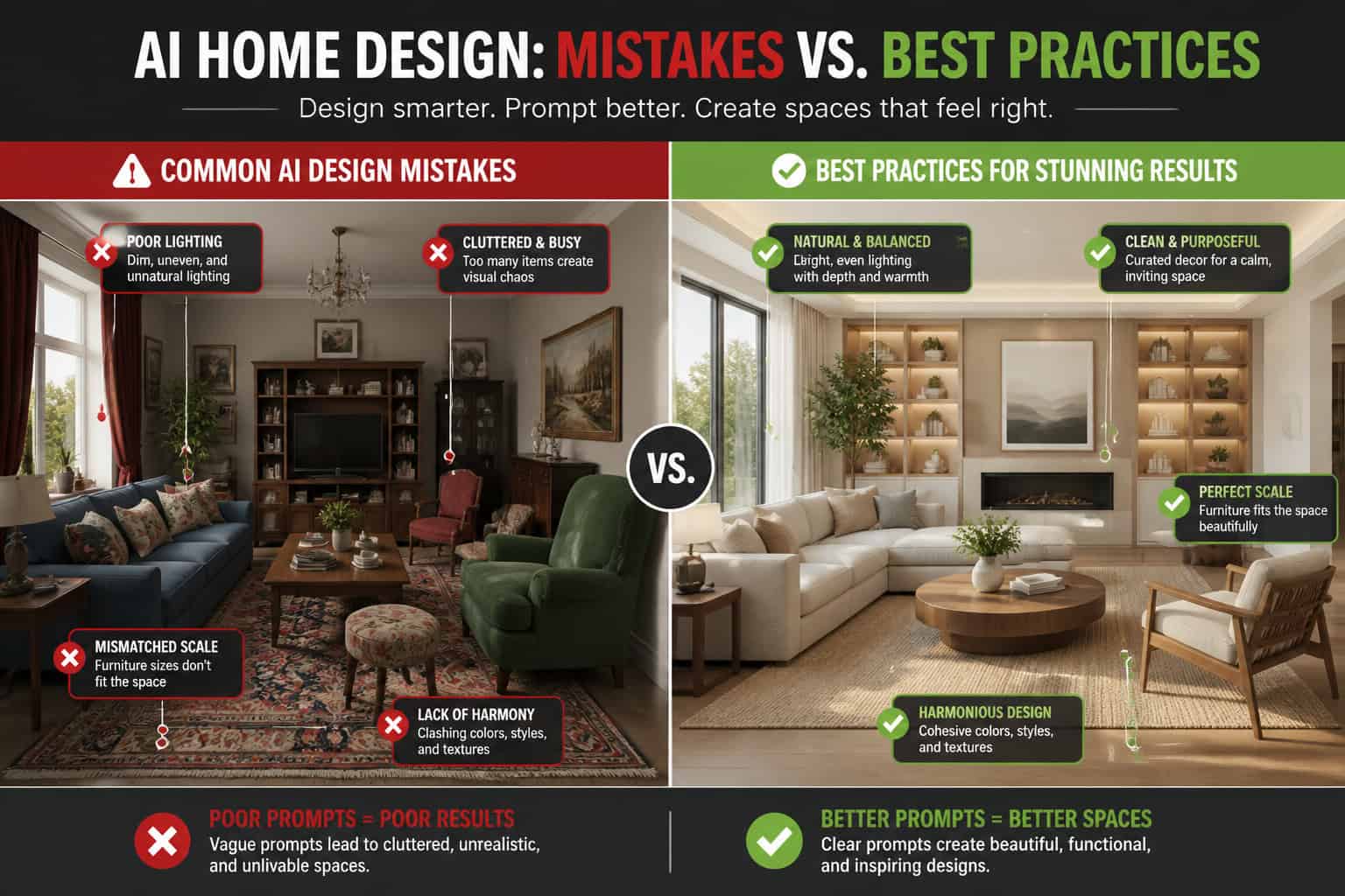 () showing a side-by-side visual of common AI home design mistakes versus best practices: left panel shows a cluttered
