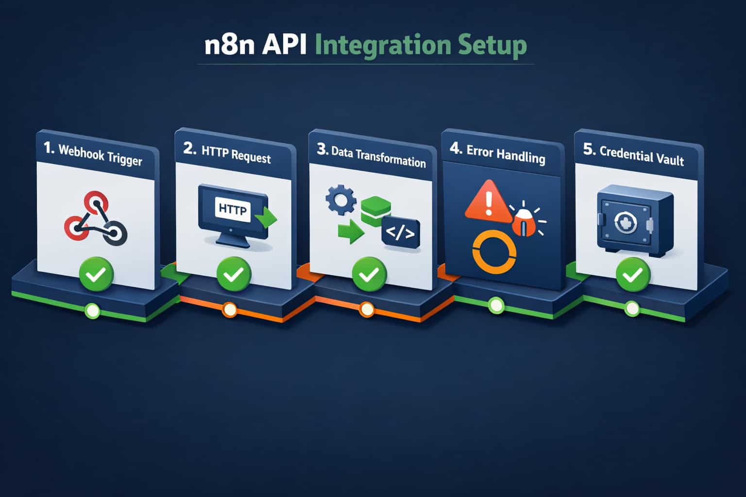 () showing a step-by-step process visualization of N8N API integration setup: numbered steps 1-5 displayed as connected