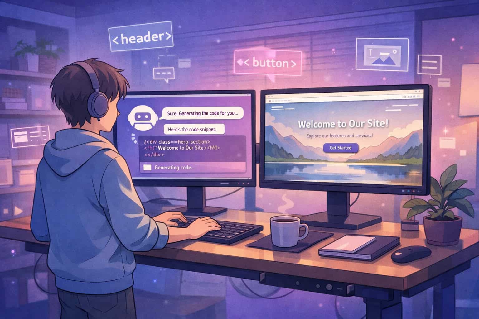 Web designer using AI tools on dual monitors for creative web development.