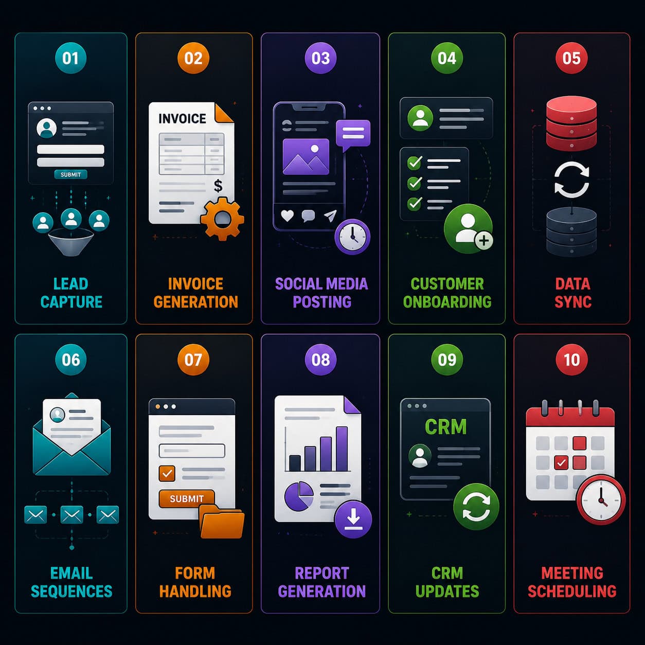 () split-panel illustration showing 10 distinct automation use case icons arranged in a 2x5 grid: lead capture, invoice