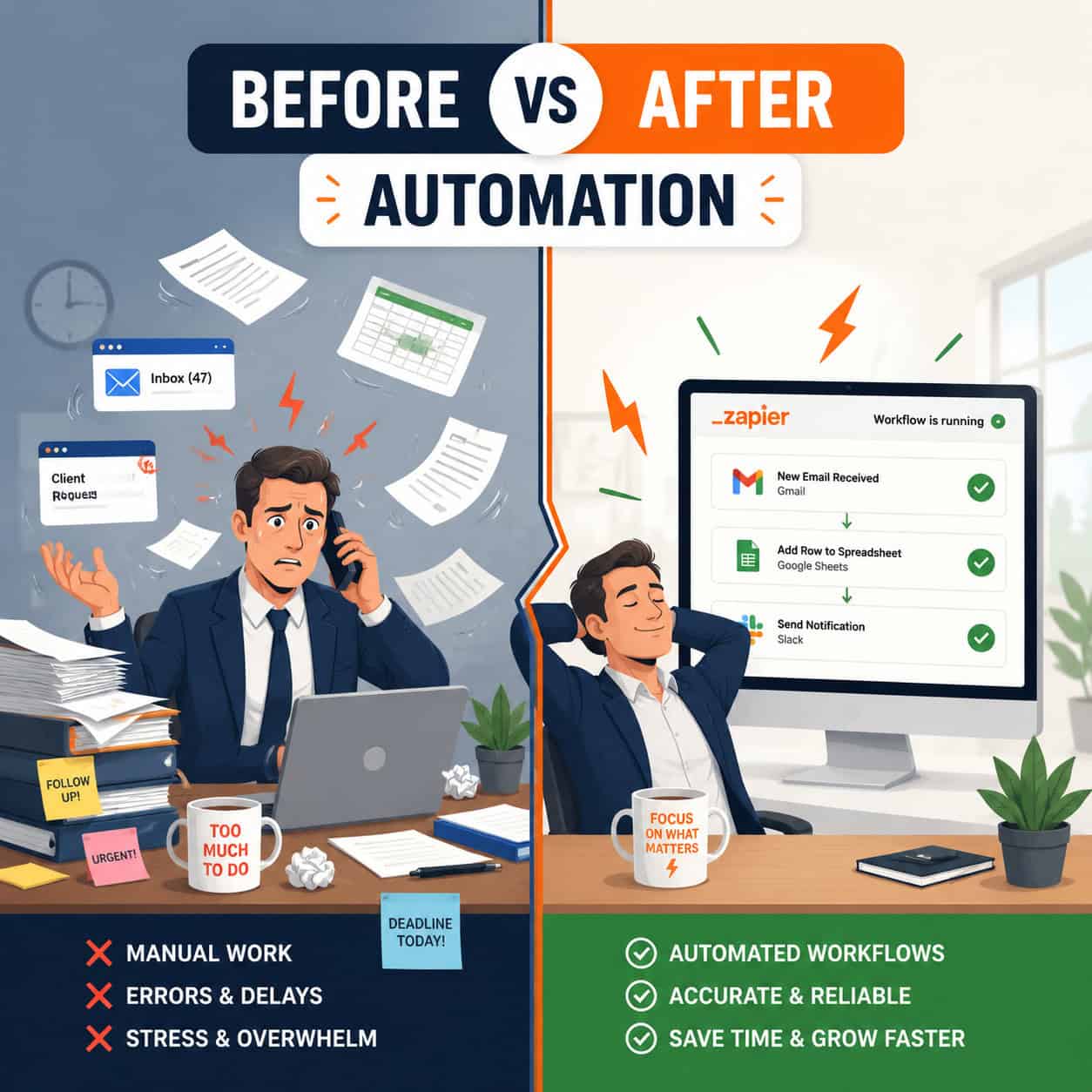 () split-panel infographic illustration: left panel shows a businessman manually juggling papers, email tabs, and