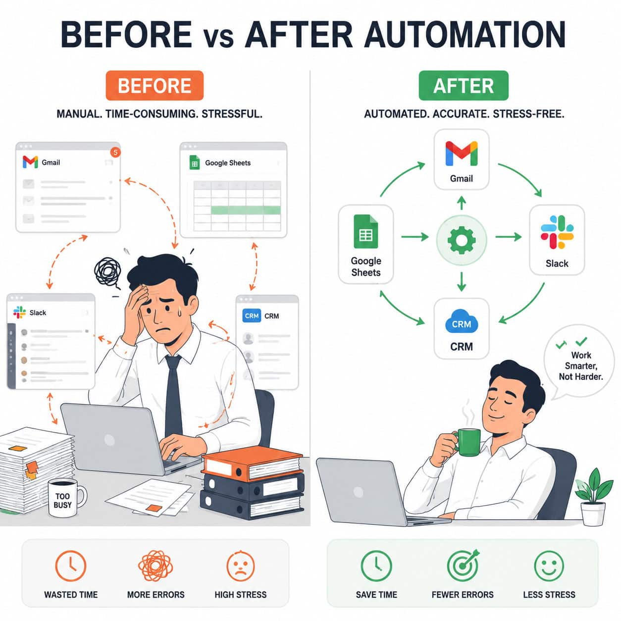 () split-panel infographic showing left side: a stressed professional manually copying data between spreadsheets and email