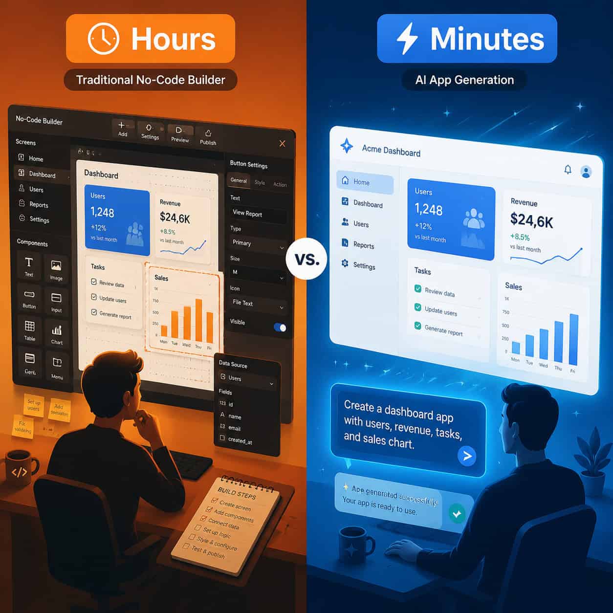 () split-screen comparison illustration: left side shows a traditional no-code builder interface with complex drag-and-drop