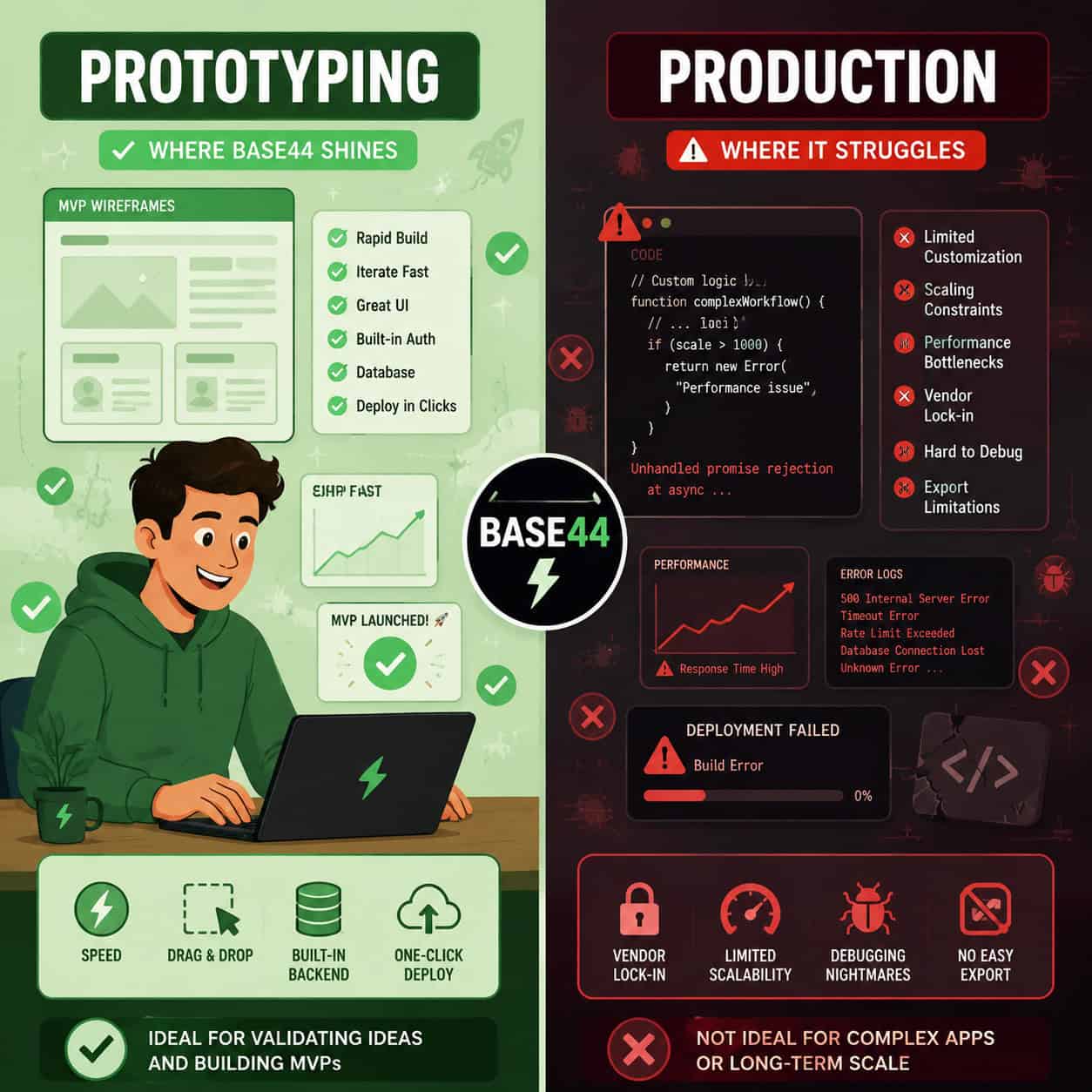 () split-screen comparison illustration showing left side labeled 'Prototyping' with a happy developer at laptop surrounded