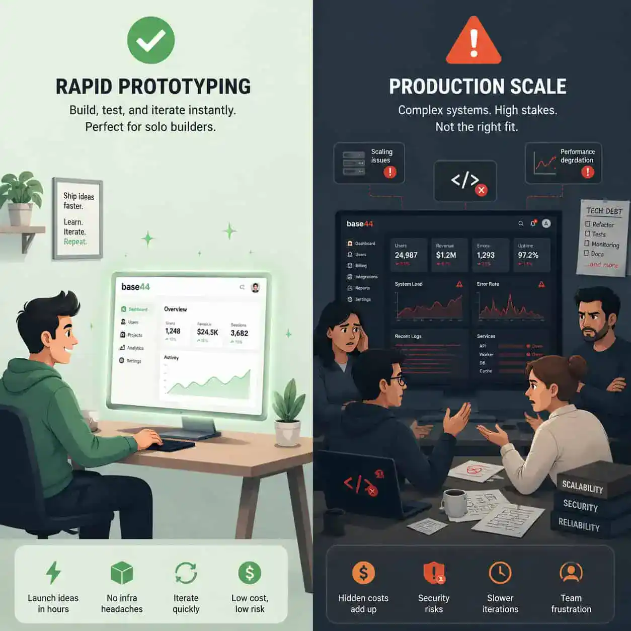 () split-screen comparison illustration showing two contrasting scenarios for Base44 usage. Left side: a happy solo