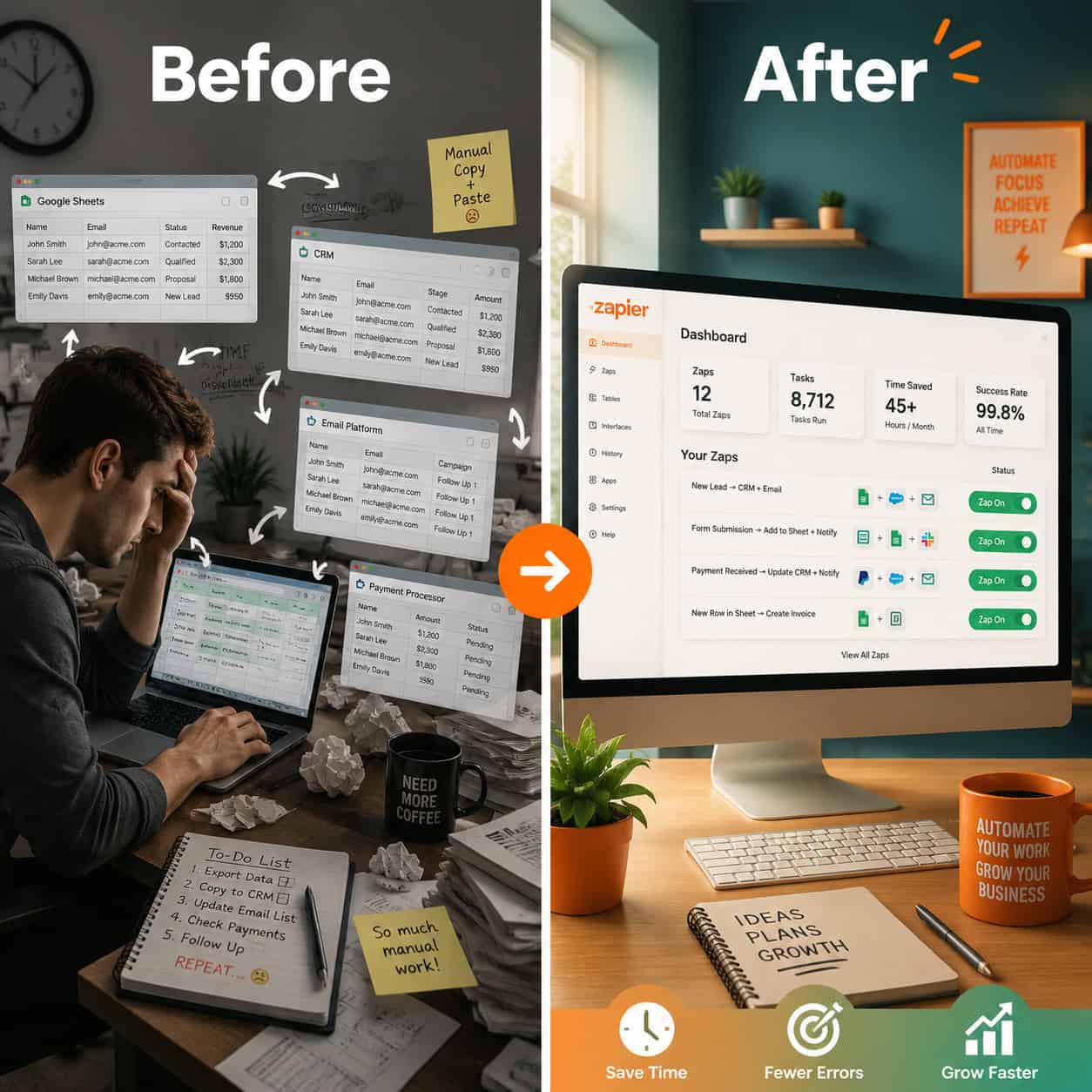 () split-screen comparison image: left side shows a stressed professional manually copying data between browser tabs with a