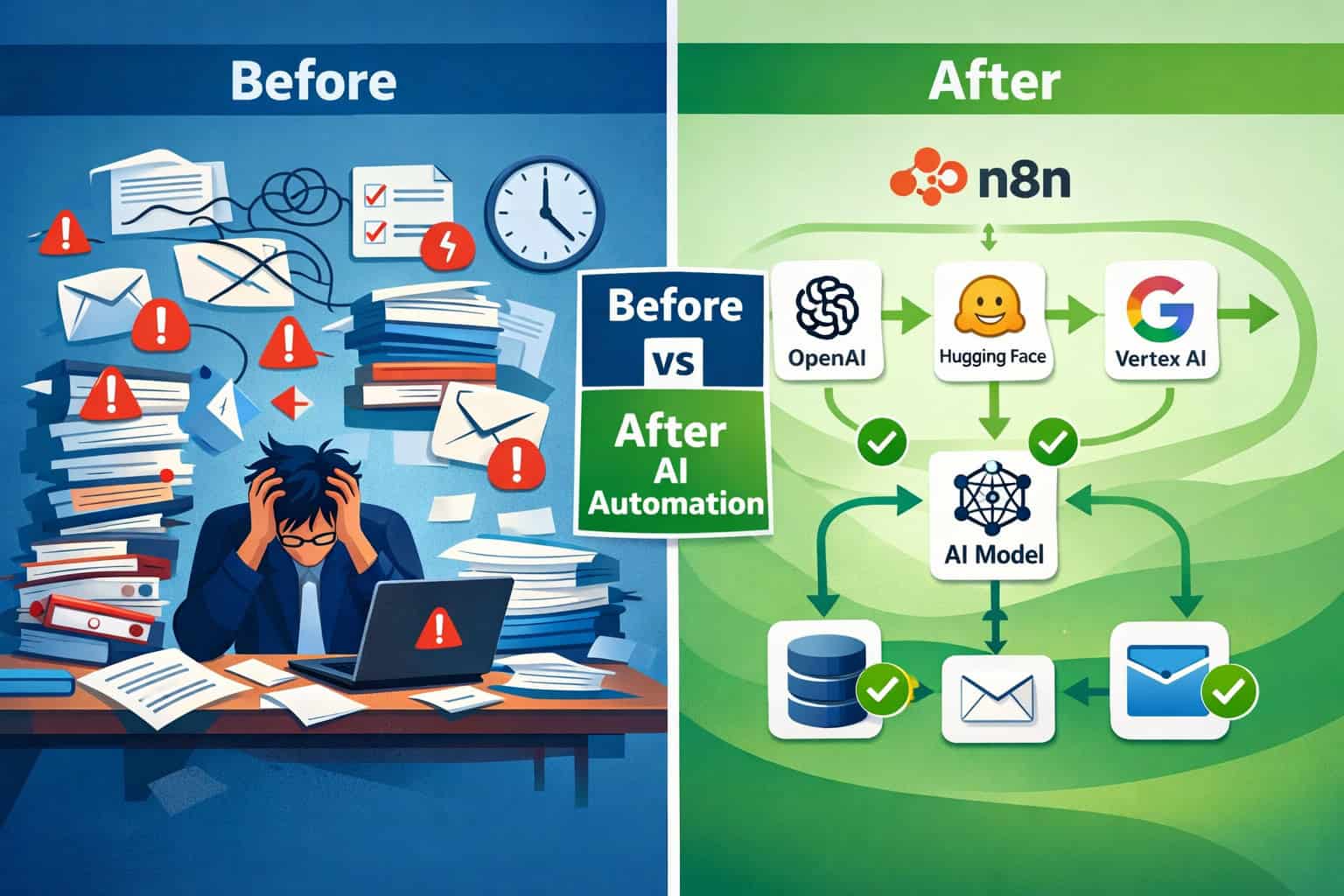 () split-screen comparison infographic: left side shows a chaotic manual process with red error icons, stacked documents,