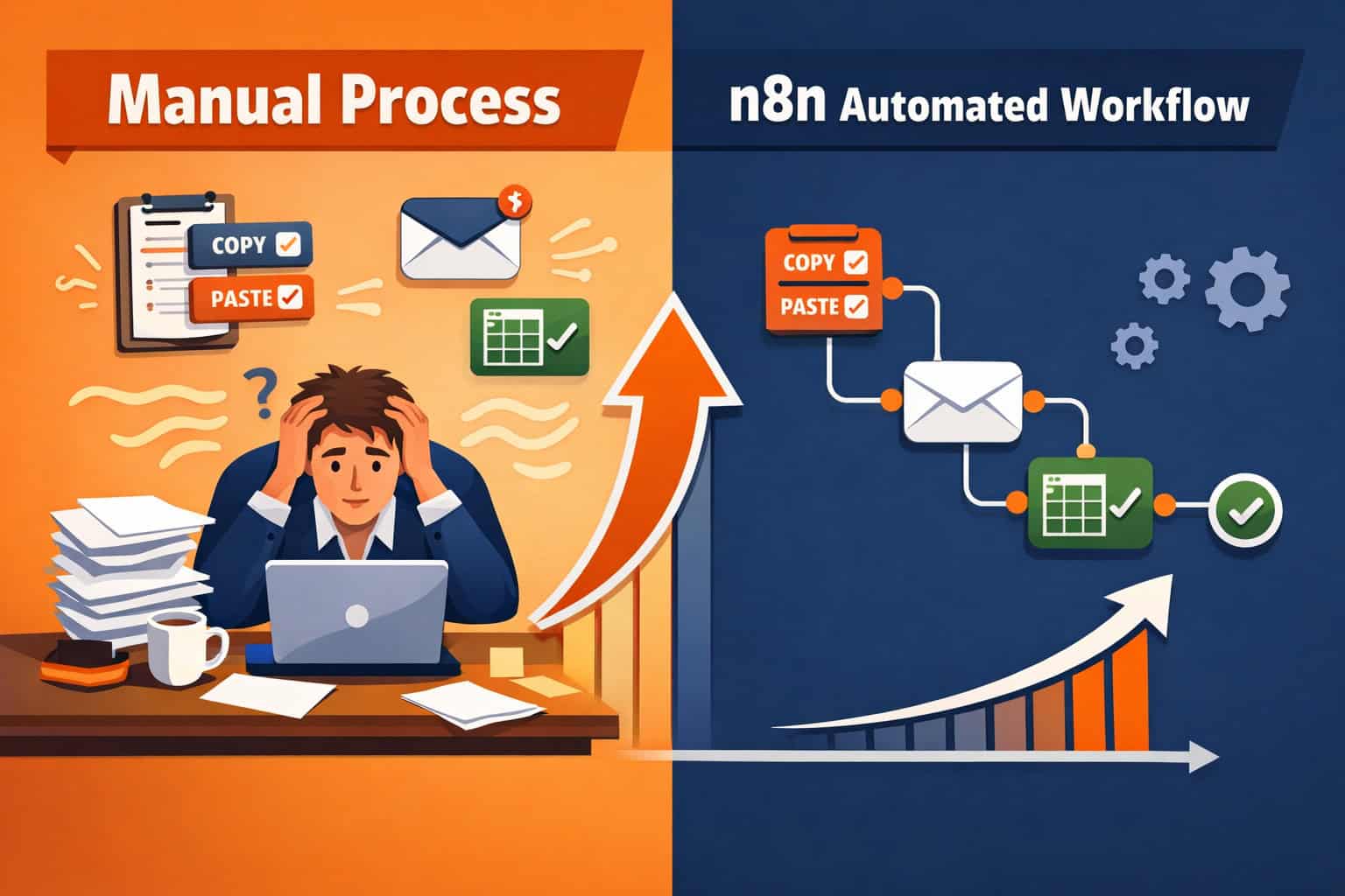 () split-screen comparison infographic showing left side labeled 'Manual Process' with a stressed person at desk surrounded