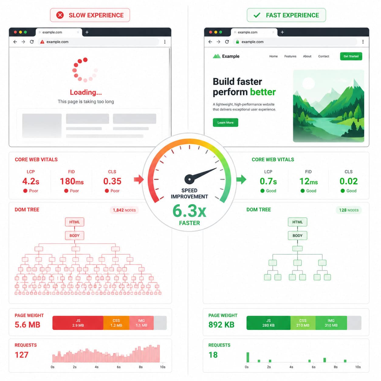 () split-screen comparison showing website performance metrics. Left panel shows a browser with a slow-loading page, red
