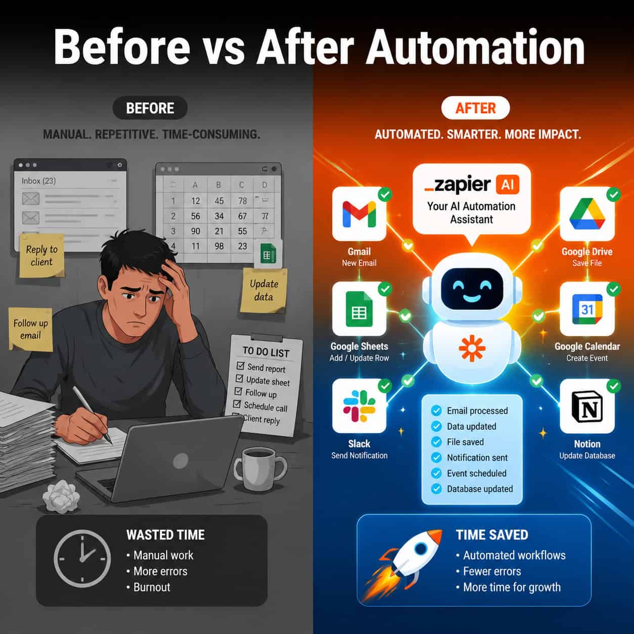 () split-screen comparison visual: left side shows a person manually handling repetitive tasks (email, spreadsheets, sticky