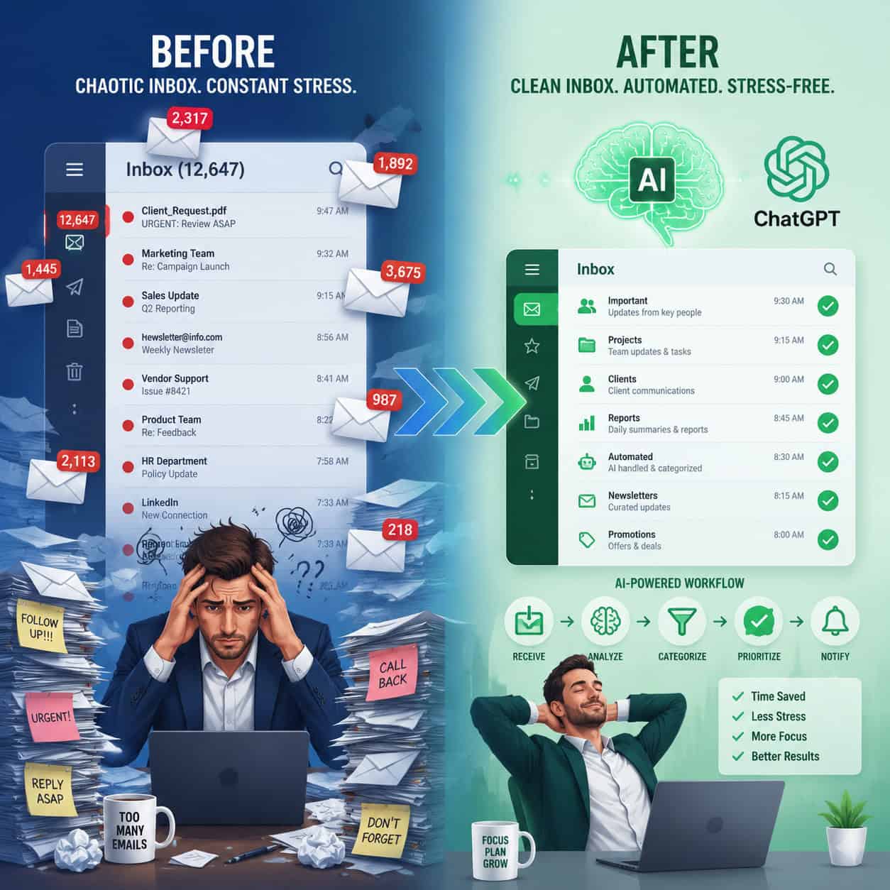 () split-screen concept image showing left side: chaotic overflowing email inbox with red notification badges and stressed