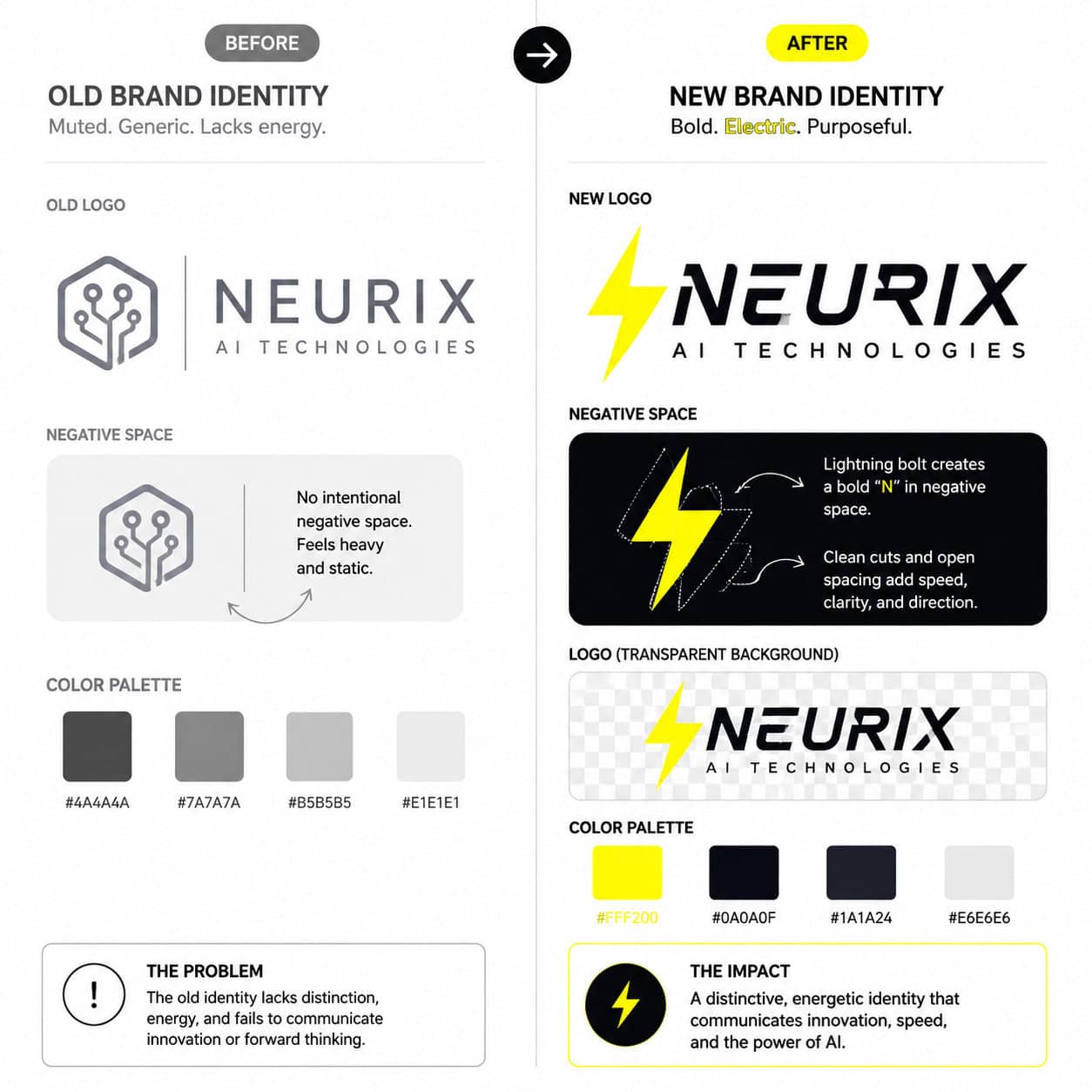 () split-screen infographic illustration comparing before-and-after brand identity elements for an AI tech company: left