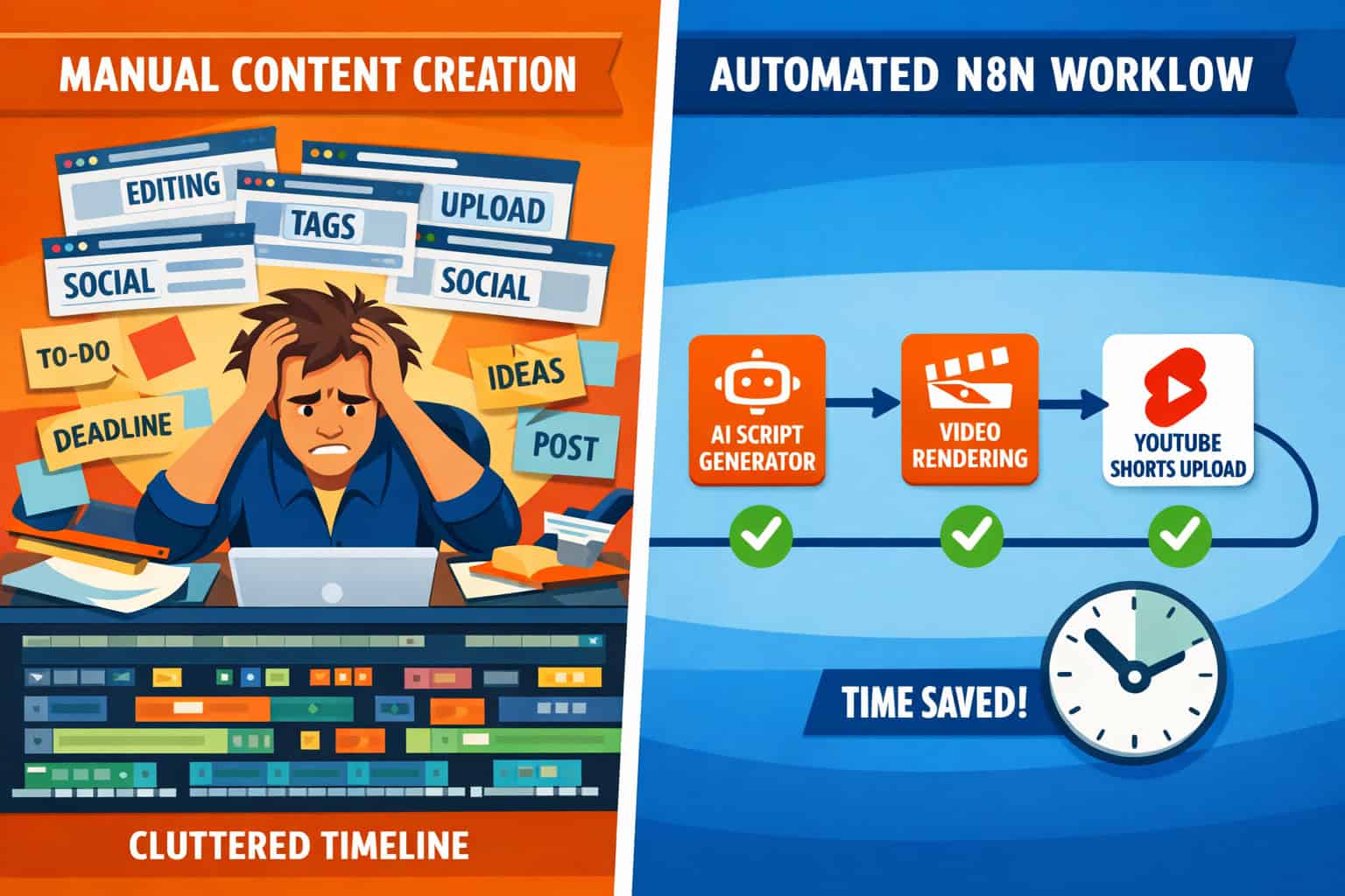 () split-screen infographic illustration: left side shows a manual content creator overwhelmed with sticky notes, multiple