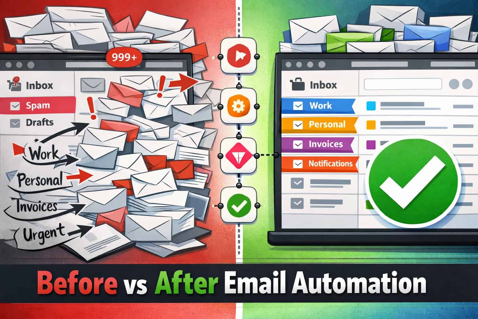 () split-screen infographic showing left side: a cluttered inbox with hundreds of unread emails and manual sorting arrows,